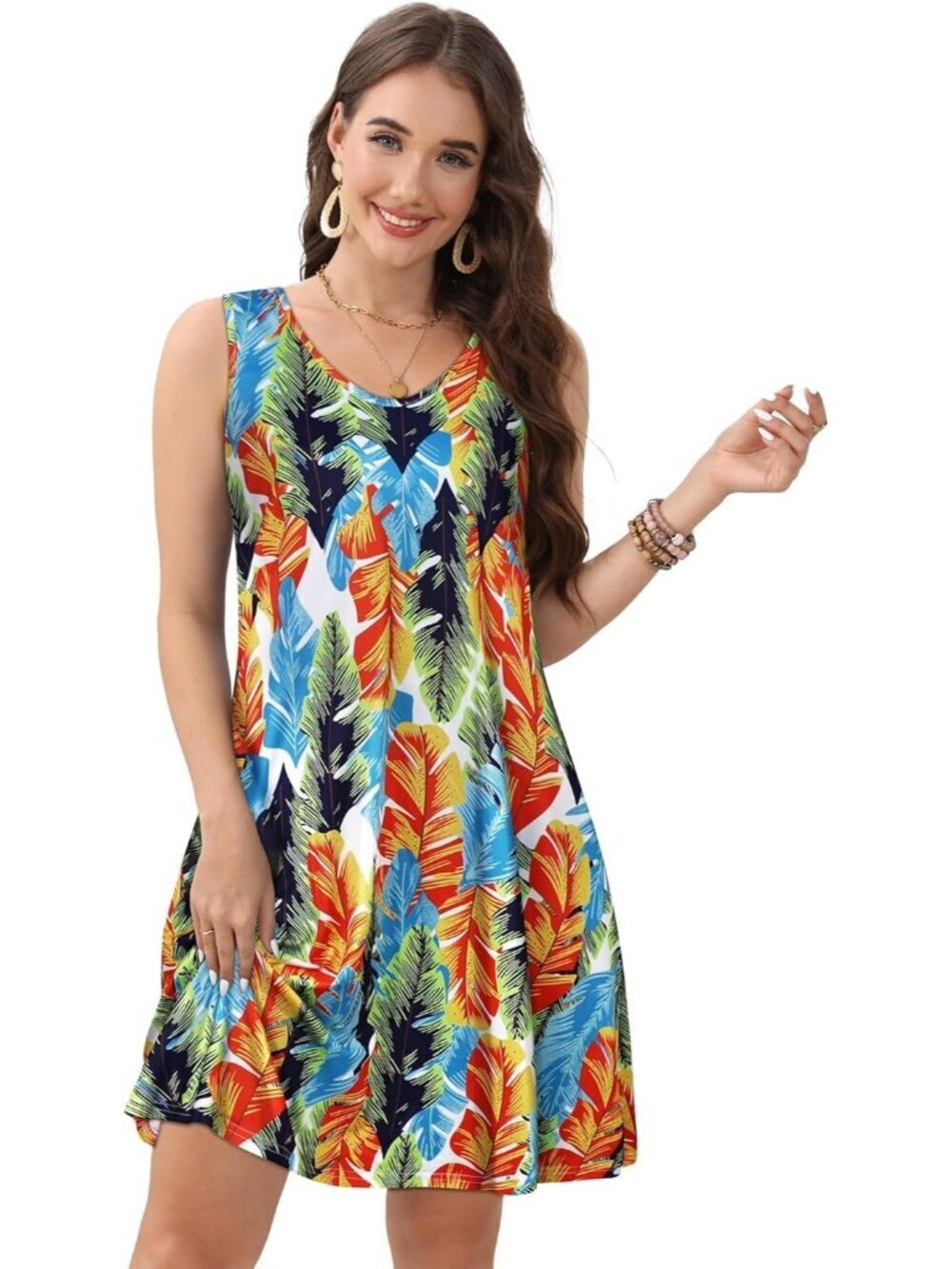 Women's Multicolor Feather Casual Sleeveless Loose Shirt V Neck Swing Mini Dress - Picture 3 of 6
